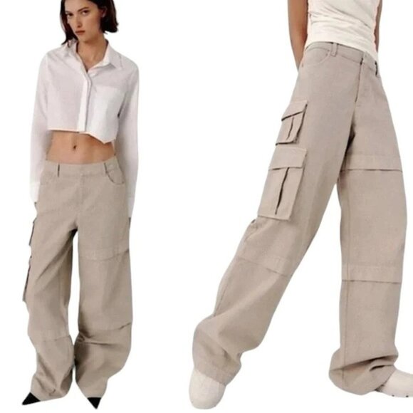 ZARA Extra Long Wide Leg Baggy Cargo Pants Womens Small Khaki - Picture 3 of 8